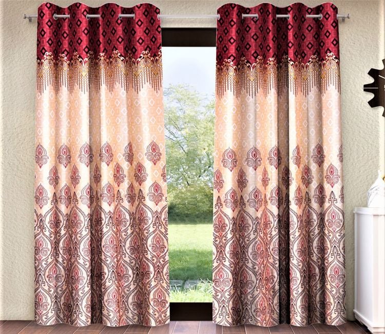 Ethnic 2 Pieces Motif Border Panel Eyelet Polyester Door Curtain (Maroon, 7 Feet)